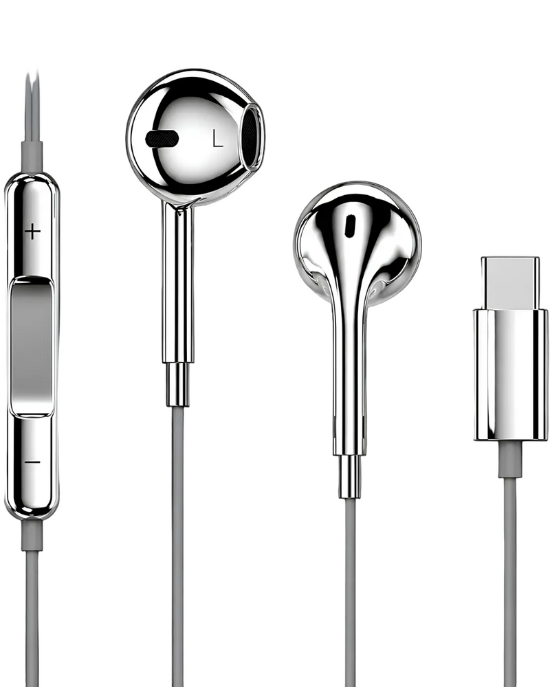 Silver metallic wired in-ear headphones with a USB-C connector, shown on a clean white background. The image includes a close-up of the inline control module, the left earbud with an 'L' marking, the right earbud, and the USB-C port.