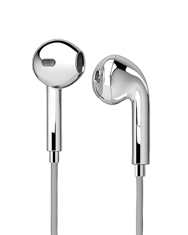 A pair of chrome-finished wired earbuds with gray cables, shown from two angles on a plain white background.