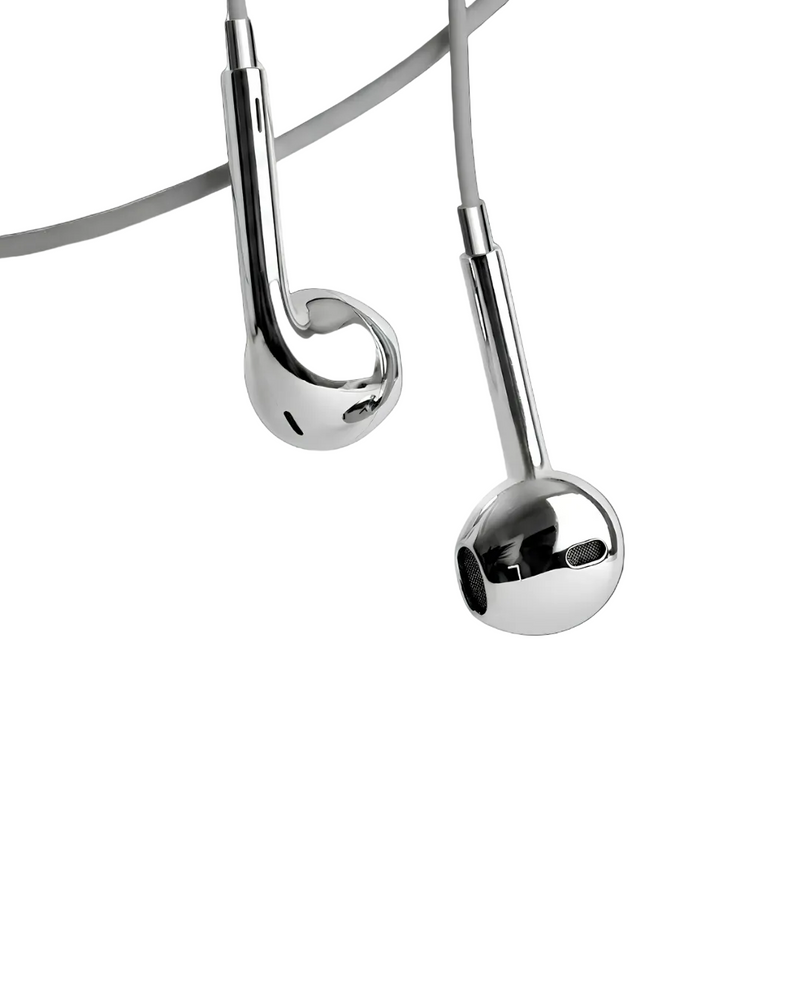 A close-up of a pair of metallic silver wired earbuds with a gray cable, shown against a solid white background.