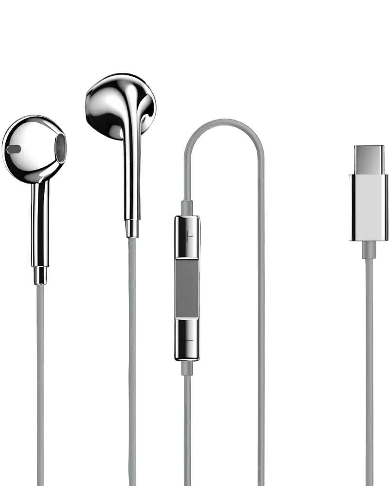 Silver and gray wired earbuds with a USB-C connector, shown on a plain white background.